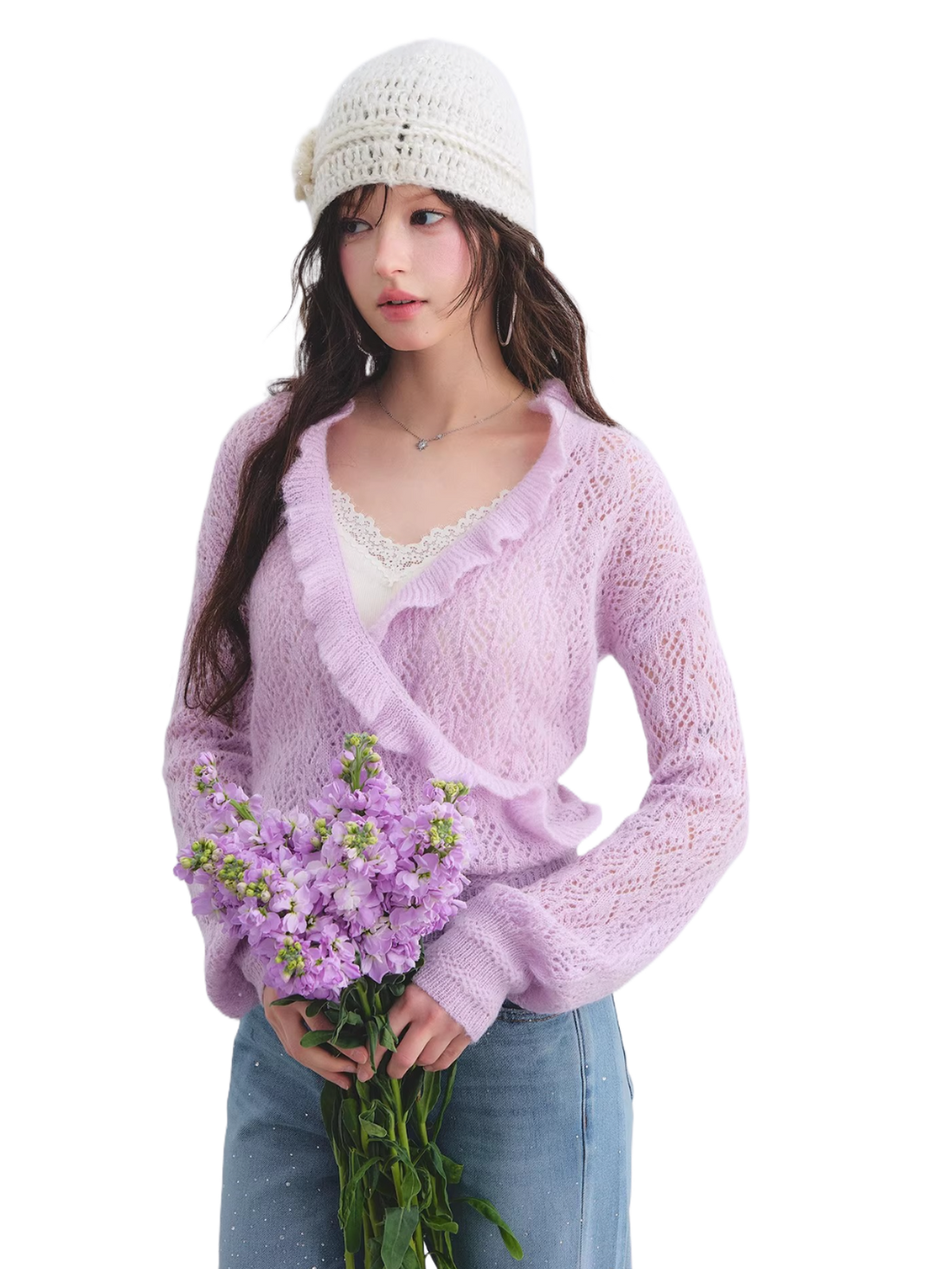 Ruffled Wool-Blend Mohair Openwork Knit Cardigan