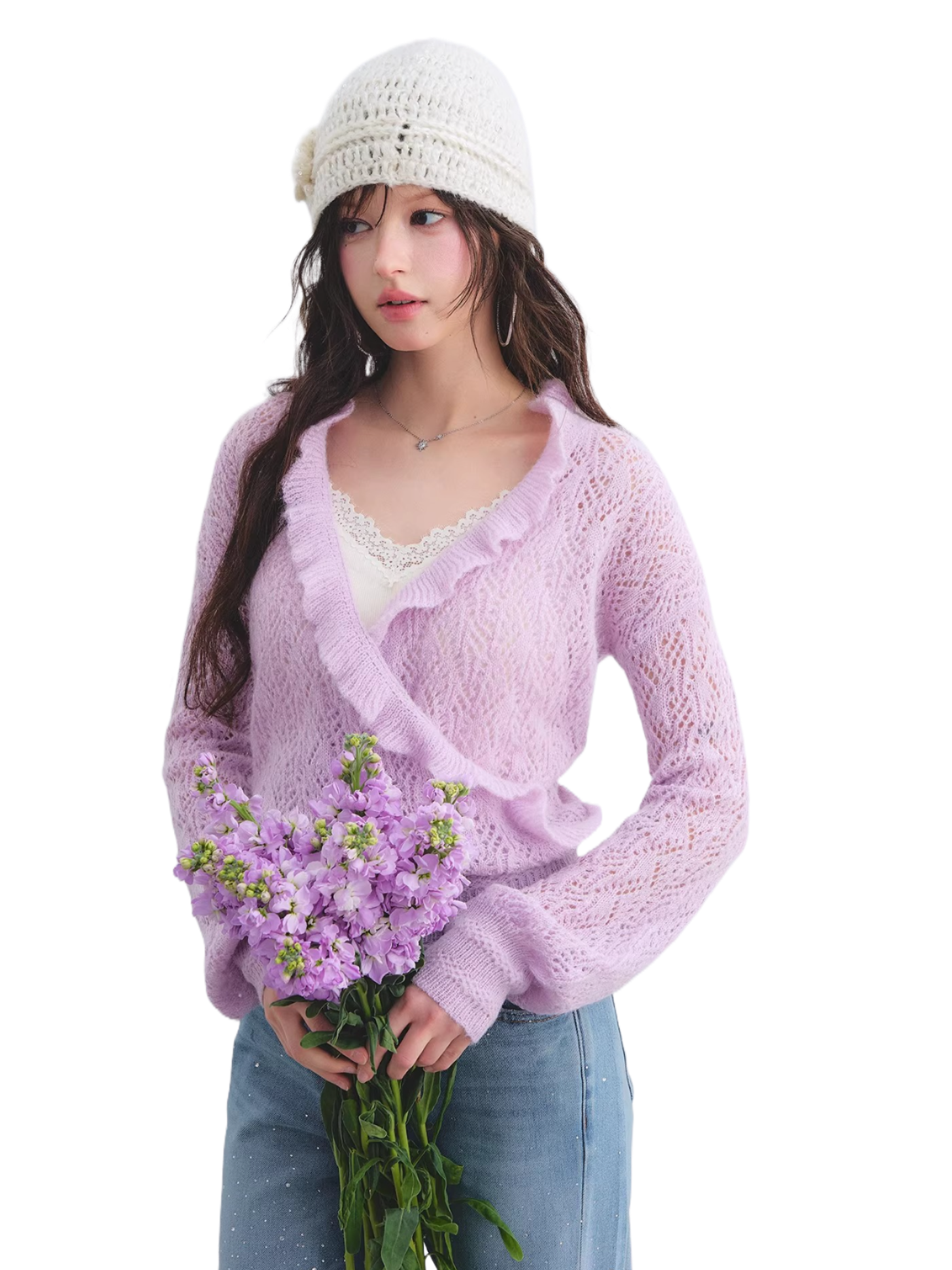 Ruffled Wool-Blend Mohair Openwork Knit Cardigan