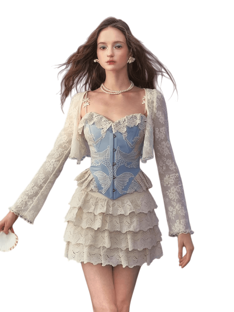 Vintage Lace-Embroidered Blue Corset