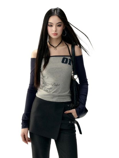 เสื้อยืดทรงเข้ารูปเปิดไหล่พิมพ์ตัวอักษร