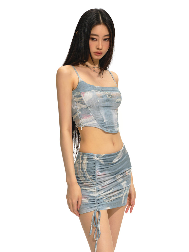 Short Bone Structure U-Neck Tank Top &amp; Skirt Set