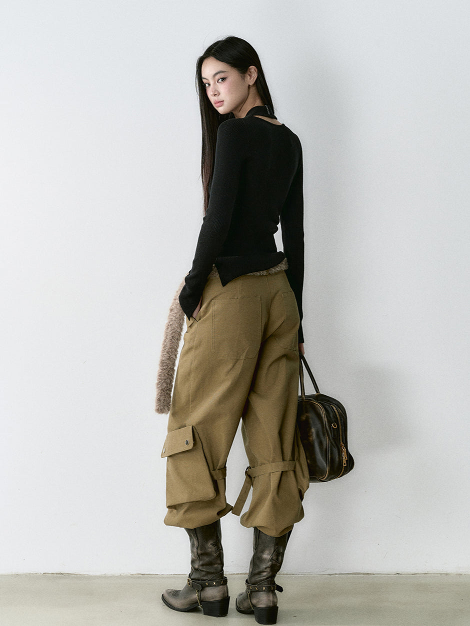 Khaki Loose-fit Cargo Straight-leg Pants