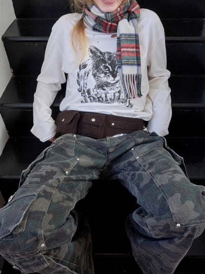 Vintage Cat &amp; Dog Print Distressed Long-Sleeve Tee - CHINASQUAD