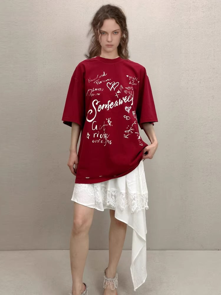 Letter Print Distressed Oversized T-Shirt