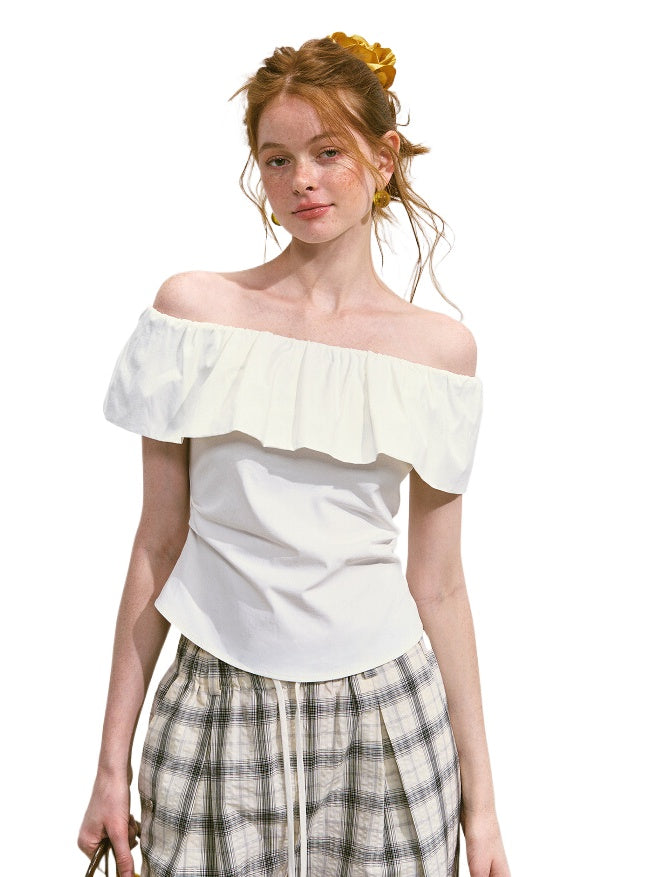 White Ruffled Off-Shoulder T-shirt
