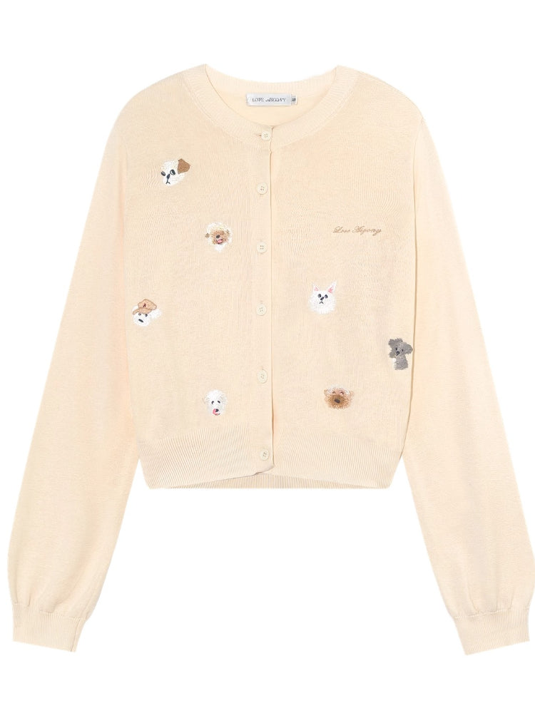 Dog Embroidery Crew Neck Knit Cardigan