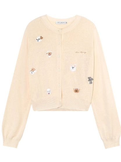 Dog Embroidery Crew Neck Knit Cardigan