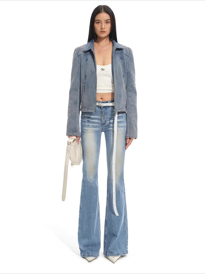 Classic Moto Collar Washed Cotton Knit Jacket