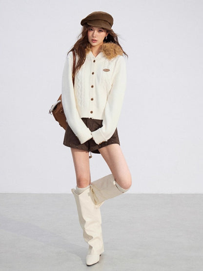 Detachable-Fur Cable-Knit Hoodie