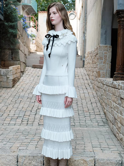 Lace Ruffle Knit Top &amp; Midi Skirt Two-Piece Set