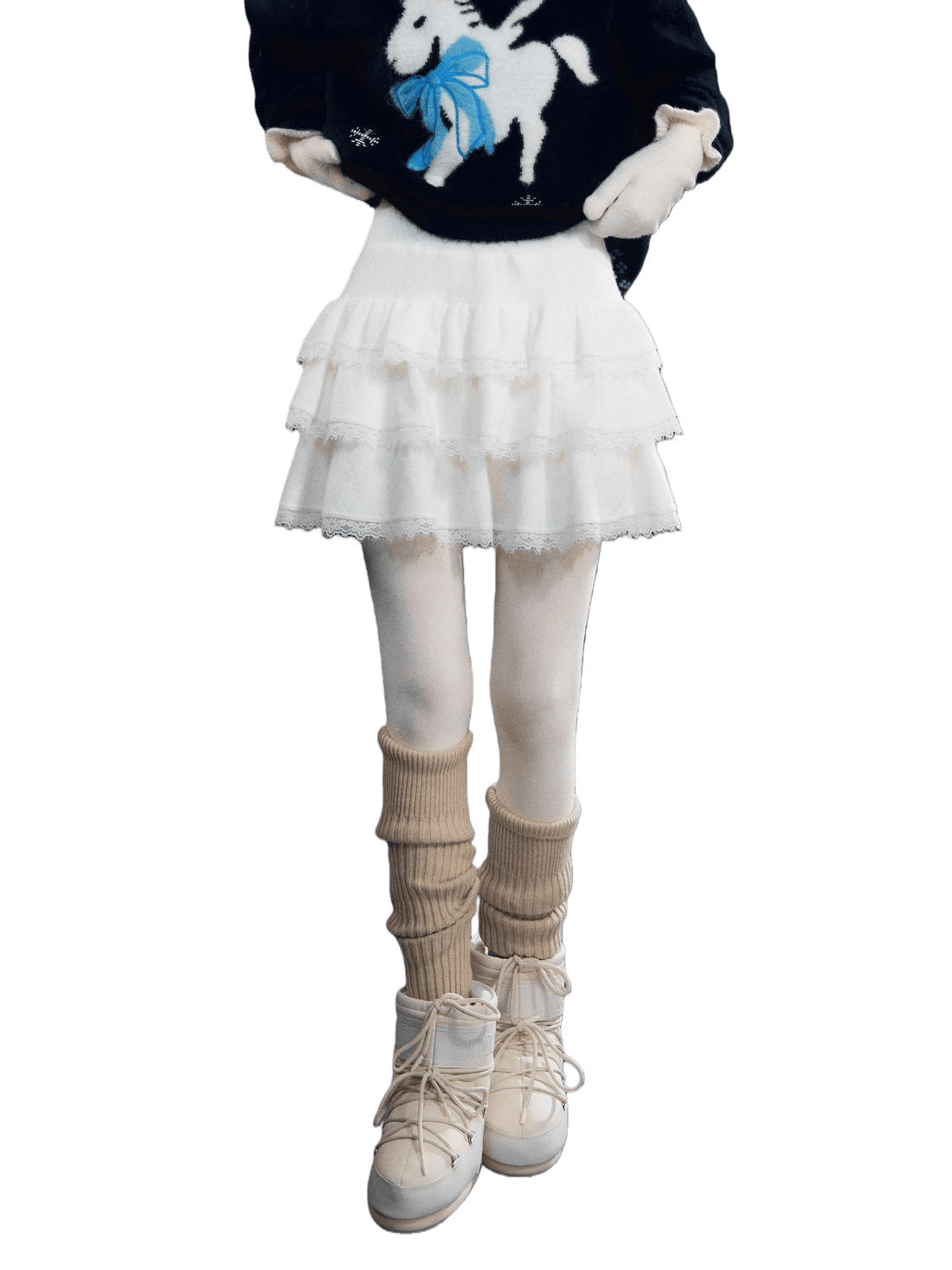 Lace-Panel Velvety Tiered Skirt