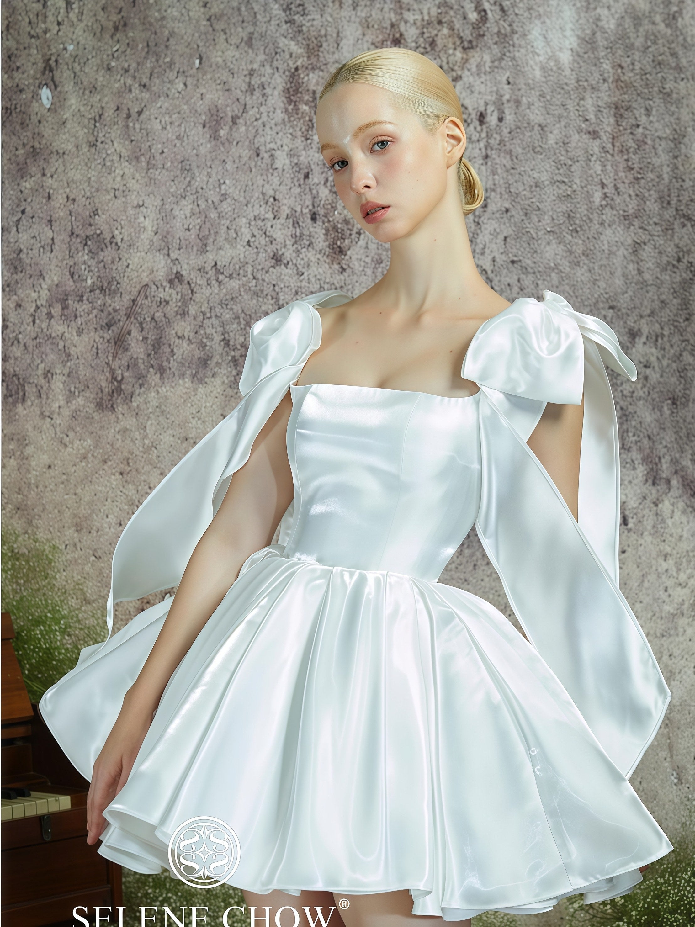 Pearl White Glossy Bow-Detail Flared Mini Dress