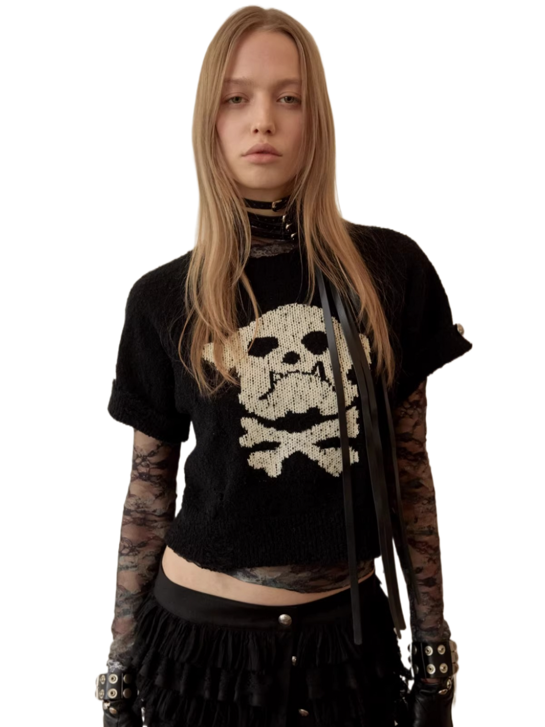 Skeleton Distressed Knit Short Sleeve Top