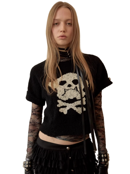 Skeleton Distressed Knit Short Sleeve Top