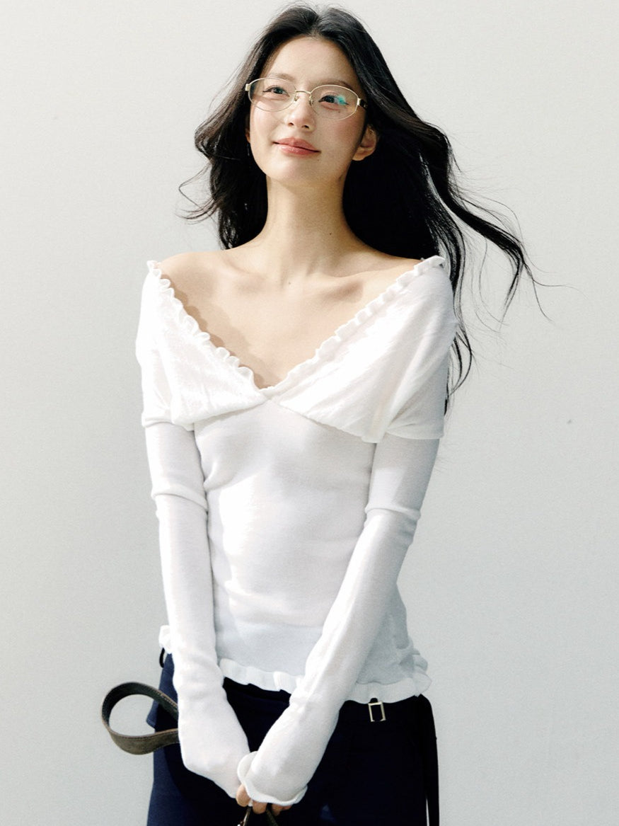 Off-Shoulder Ruffle Trim Fitted Knit Base Layer