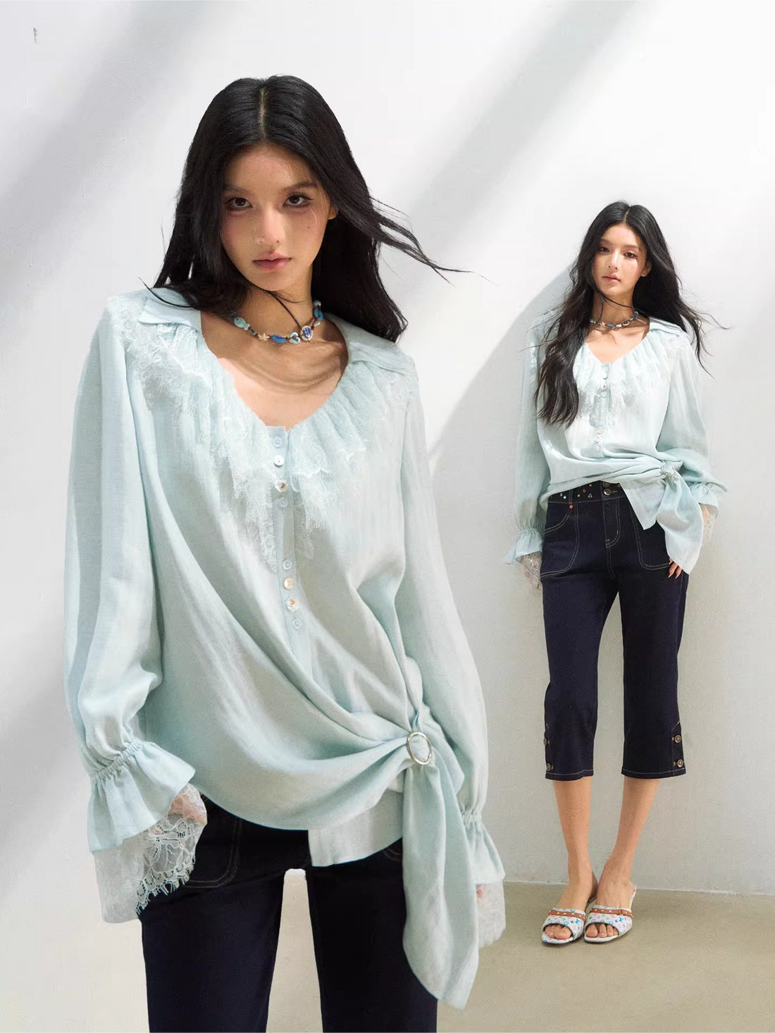 Lace Trim Relaxed Lyocell Blouse