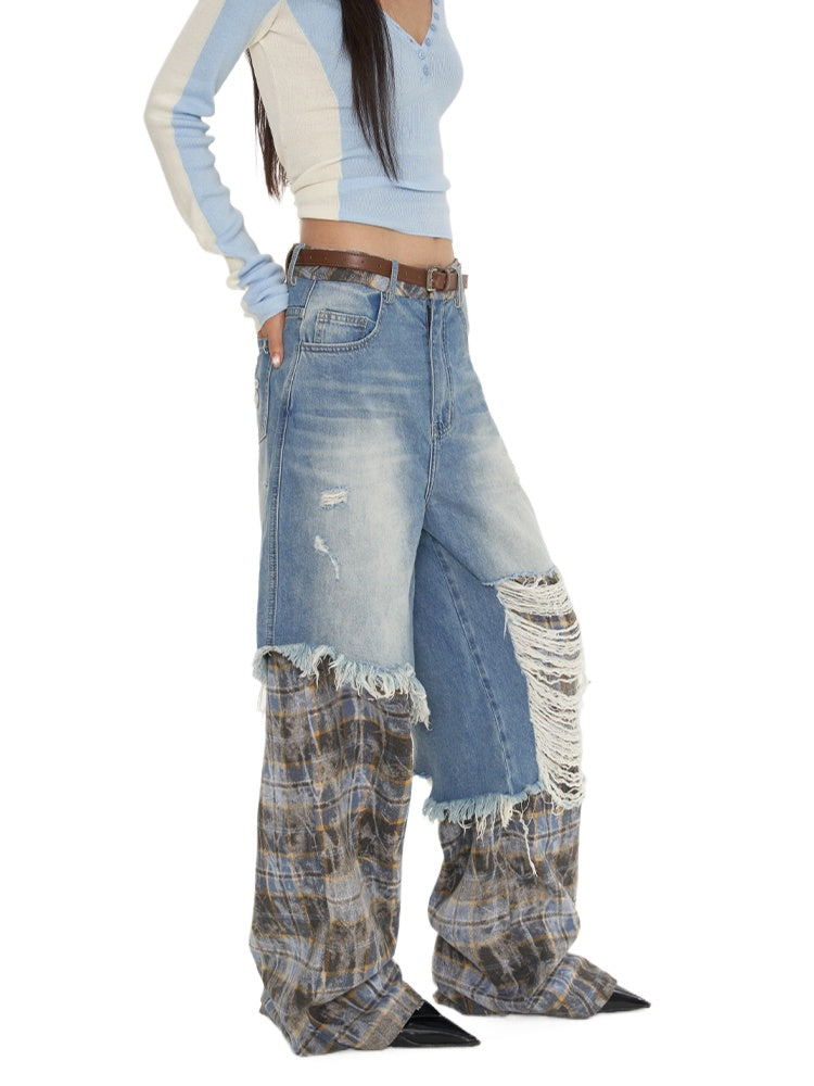 Dual-Layer Plaid Denim Pants