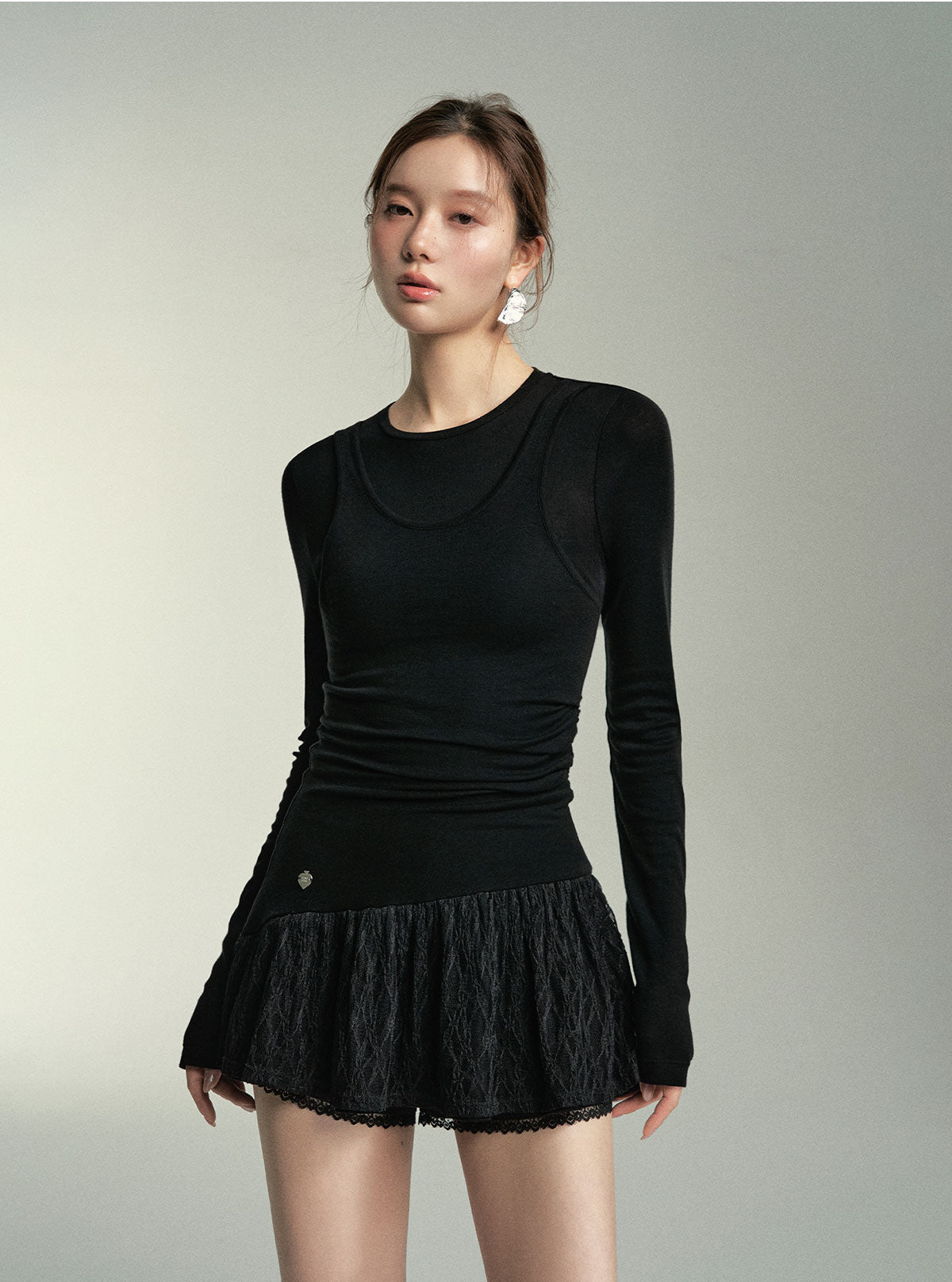 Black &amp; White Wool Lace Spliced Dress - CHINASQUAD