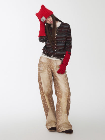 Fair Isle Pony Jacquard Drawstring Knit Cardigan