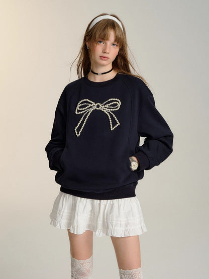 Gray &amp; Navy Blue Butterfly Knot Beaded Pullover Sweatshirt