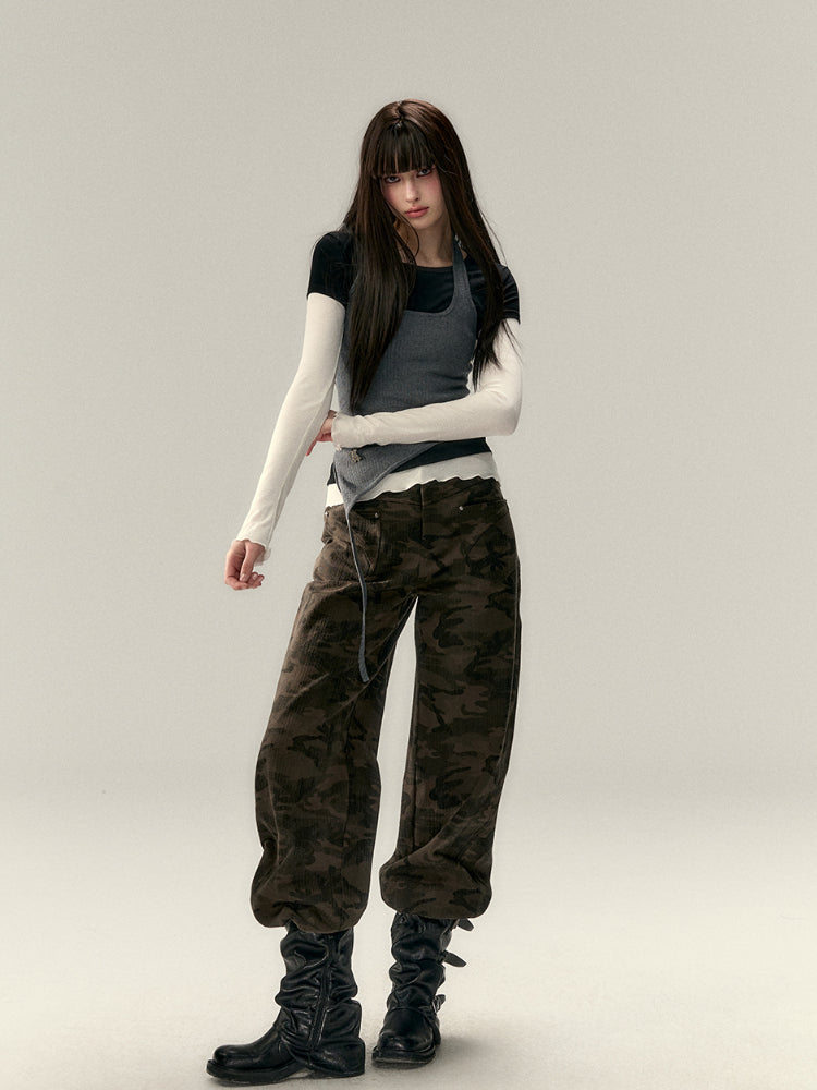 Leopard Print Camo Wide-Leg Cargo Pants