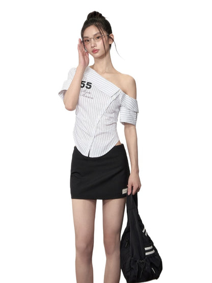 Pure-desire Asymmetric-shoulder Waist-cinching Blouse