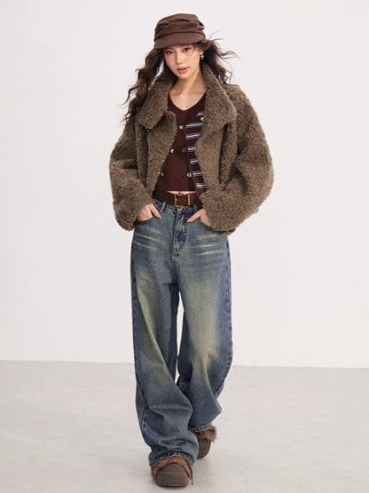 Shearling-Trim Stand-Collar Cropped Jacket