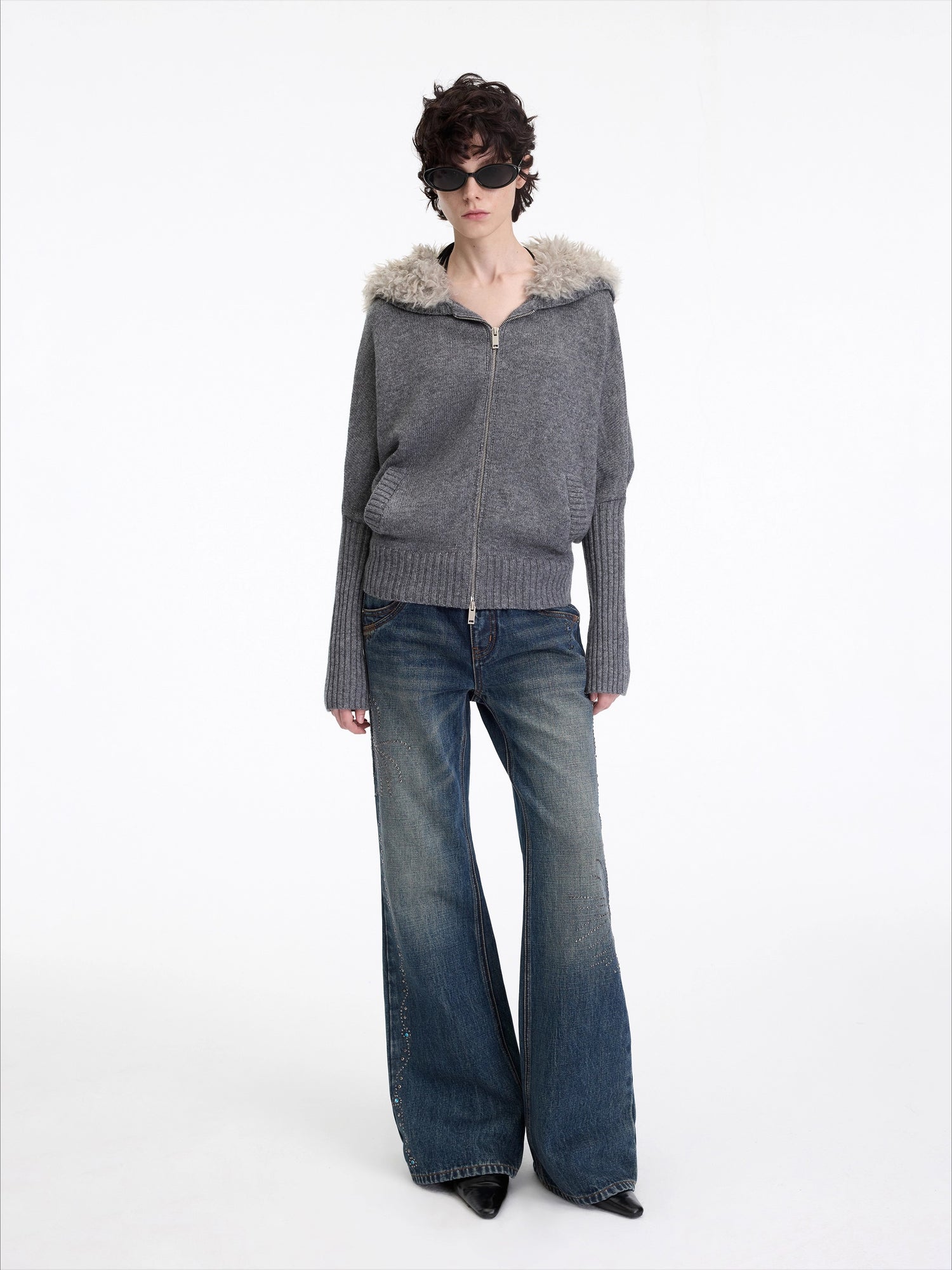 Wool-Blend Hooded Faux Fur Collar Knit Jacket
