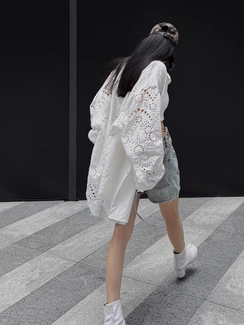 Embroidered Panel Oversized Cotton Shirt