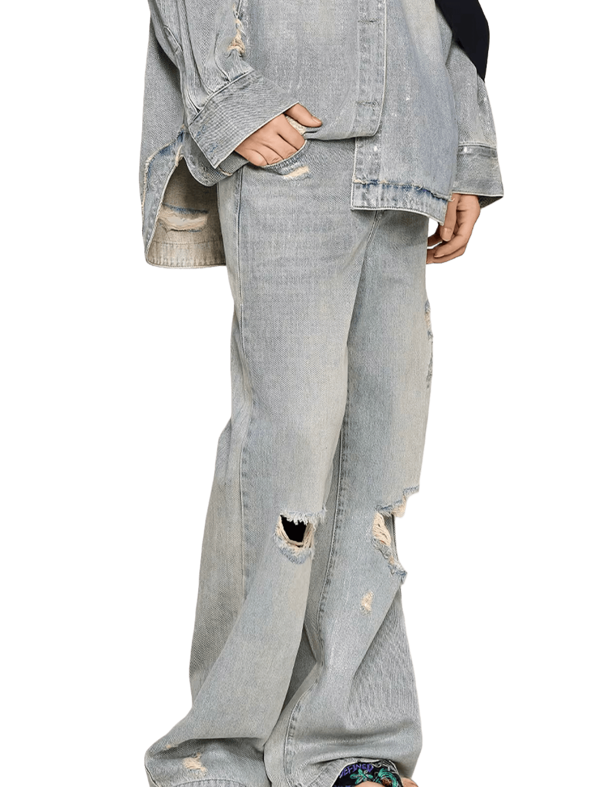 Silver-Foil Double-Waist Denim Pants