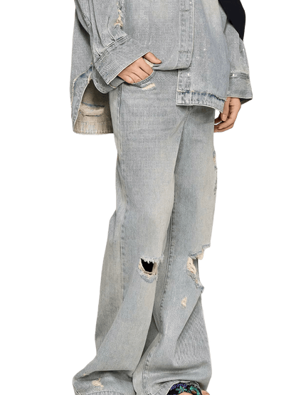 Silver-Foil Double-Waist Denim Pants