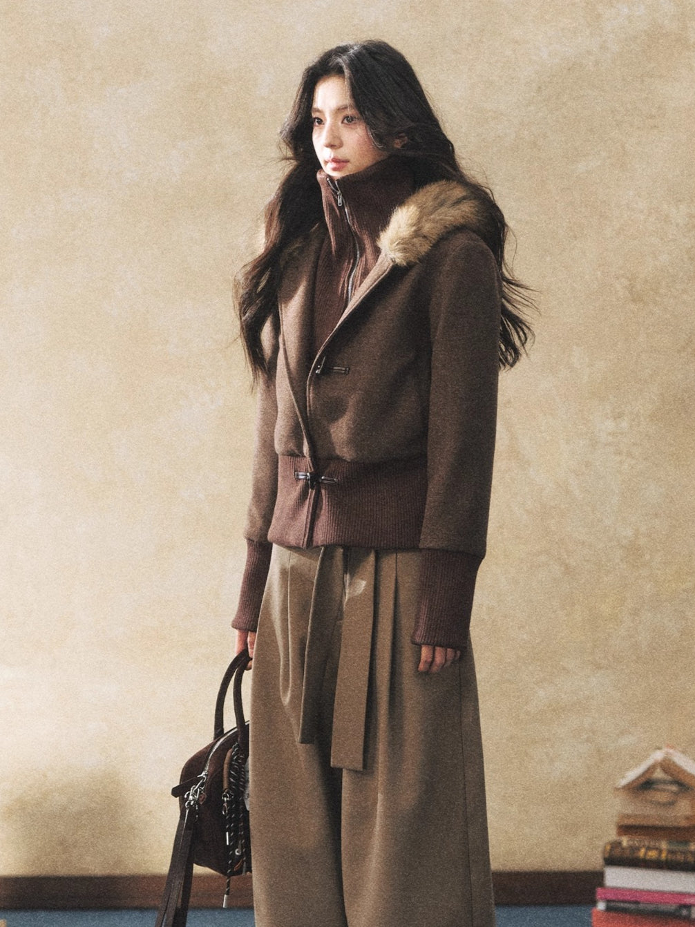 Fur Collar Faux-Layered Wool-Blend Jacket