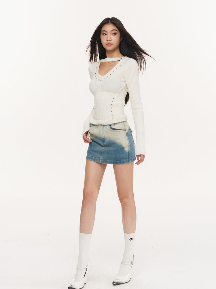 White Studded V-neck Knit Pullover