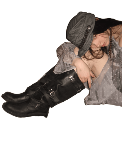 Multi-Strap Studded Mid-Calf Biker Boots
