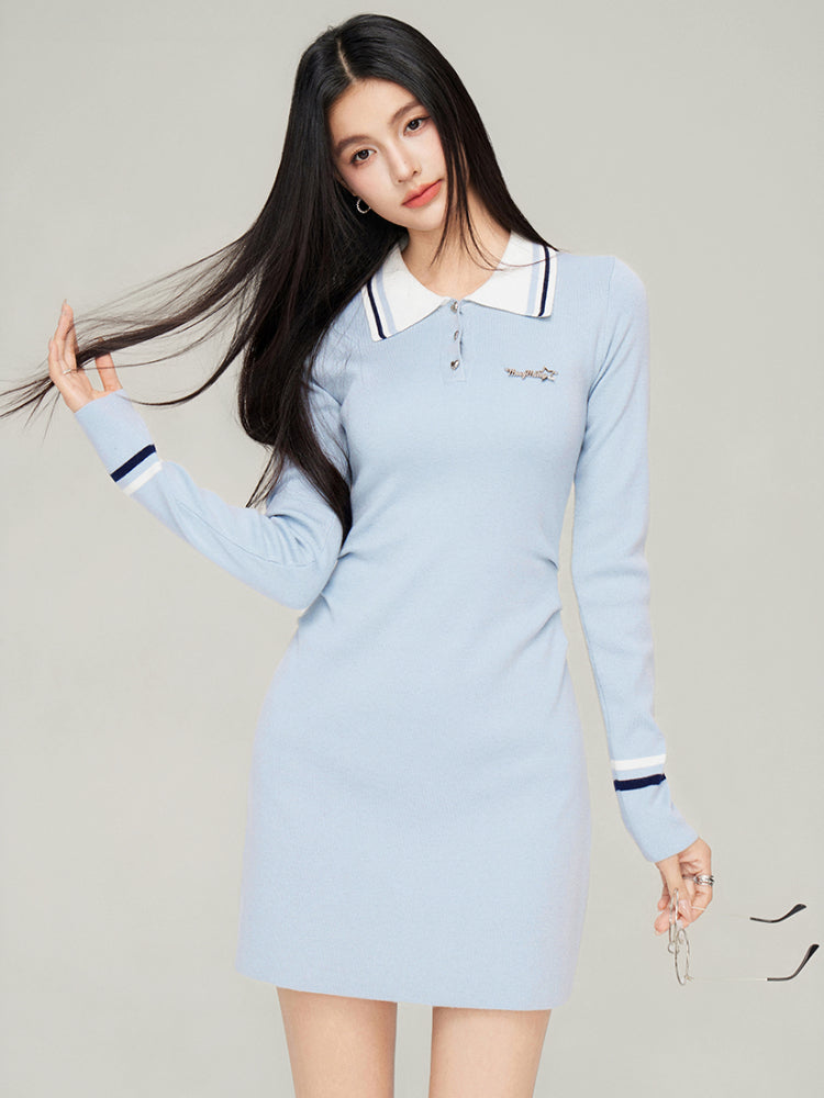 Polo Neck Waistline Knit Dress