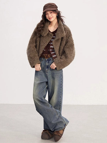 Shearling-Trim Stand-Collar Cropped Jacket
