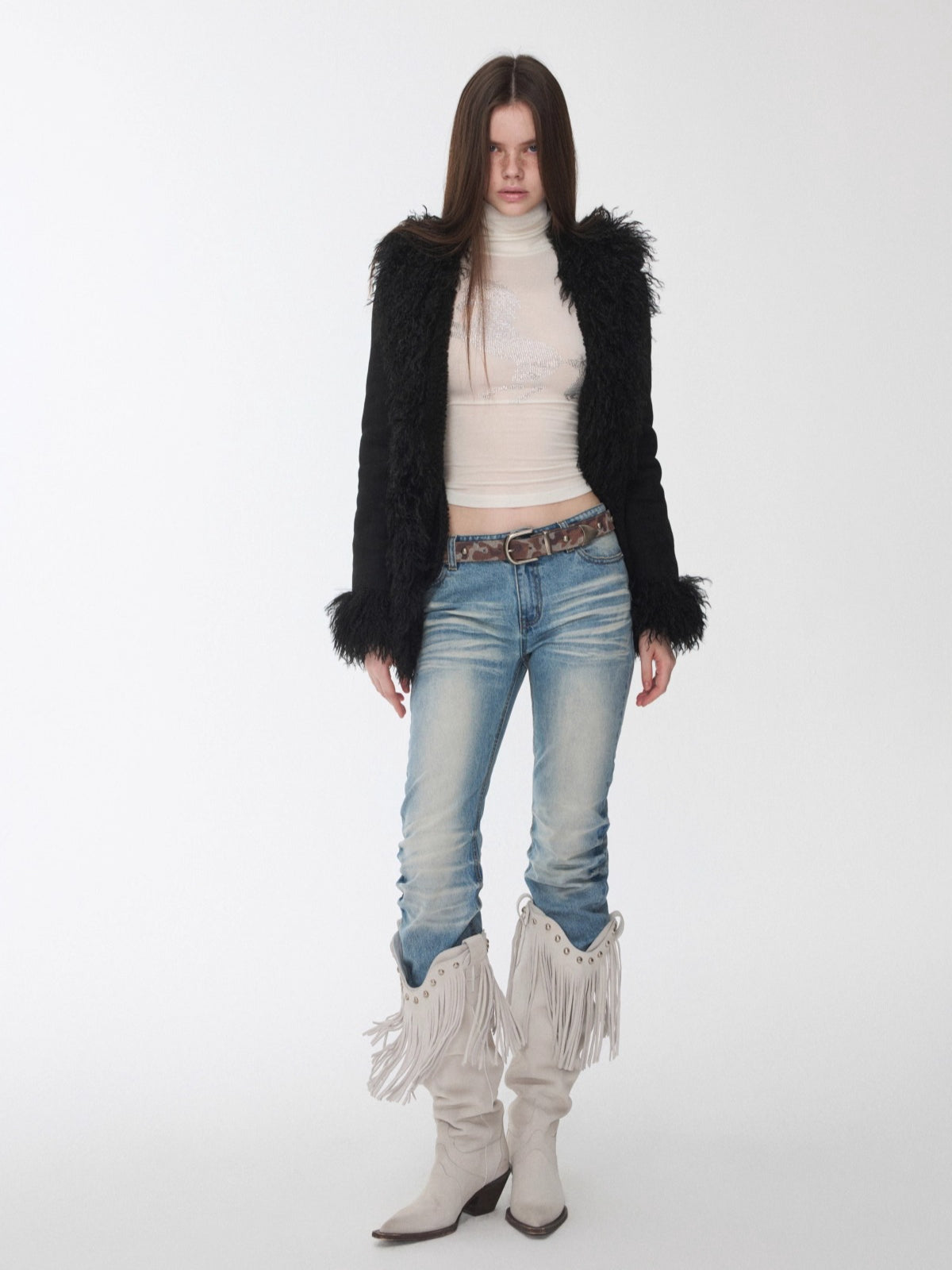 Suede Shearling Embroidered Panel Jacket