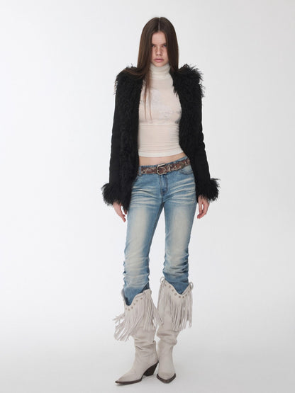 Suede Shearling Embroidered Panel Jacket