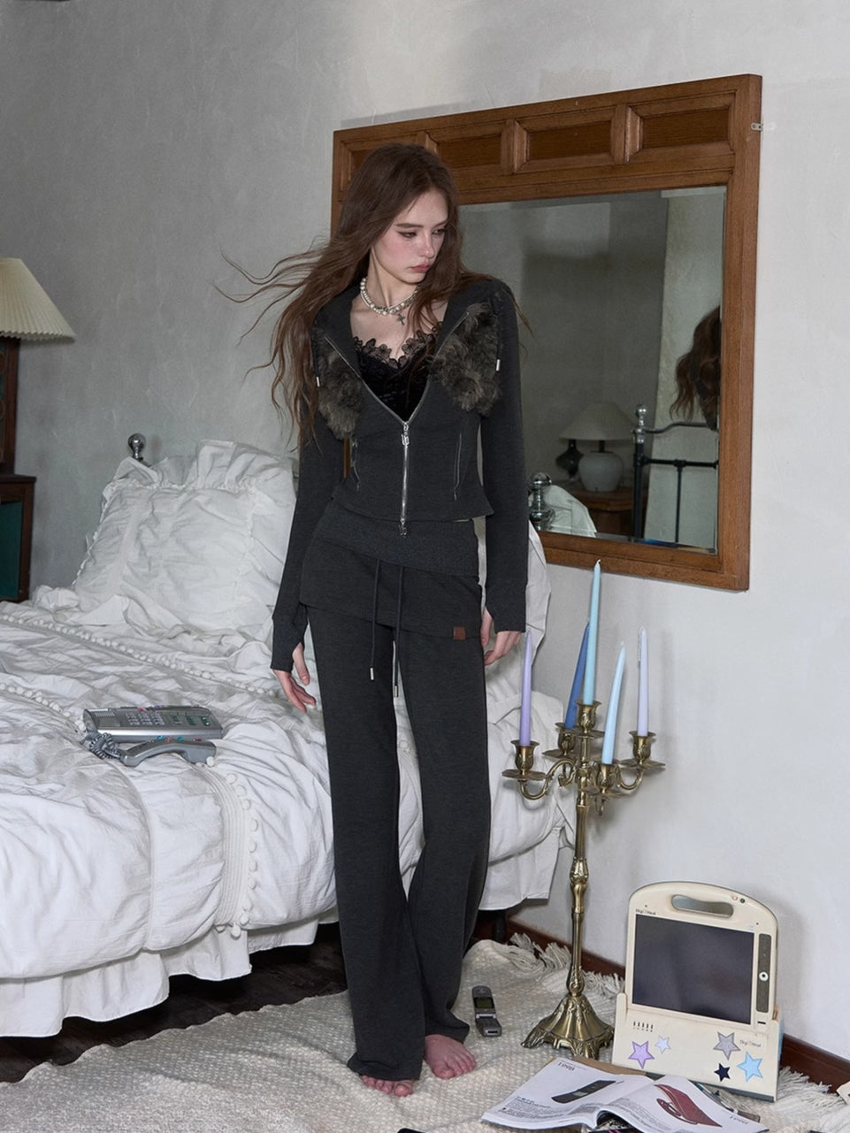 Folded Waist Spliced Skirt-Hem Sweatpants
