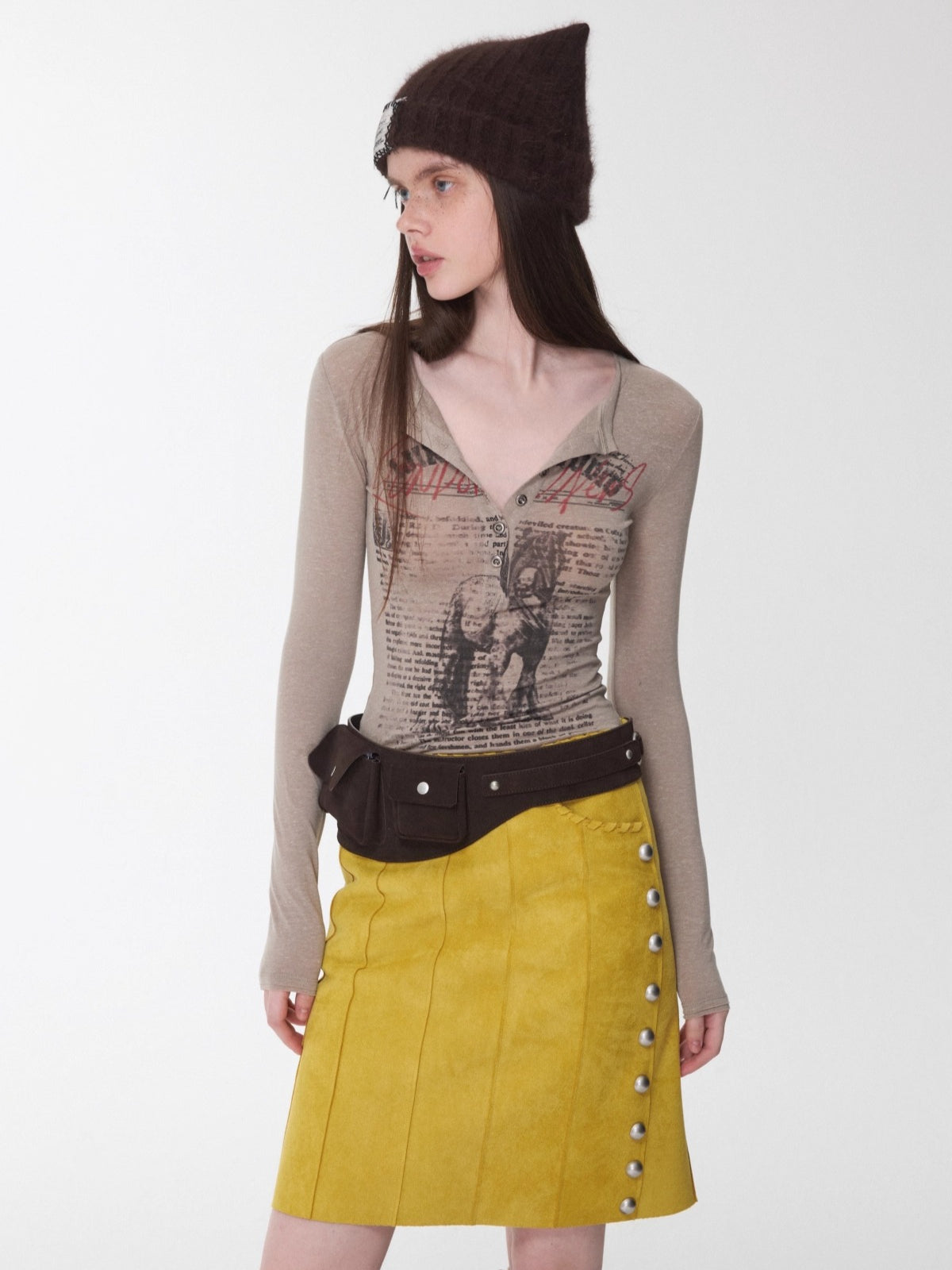 Henley Animal-Print Knitted Long Sleeves T-Shirt