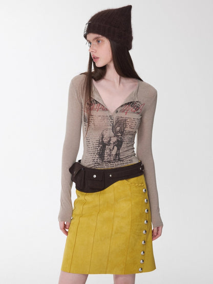 Henley Animal-Print Knitted Long Sleeves T-Shirt