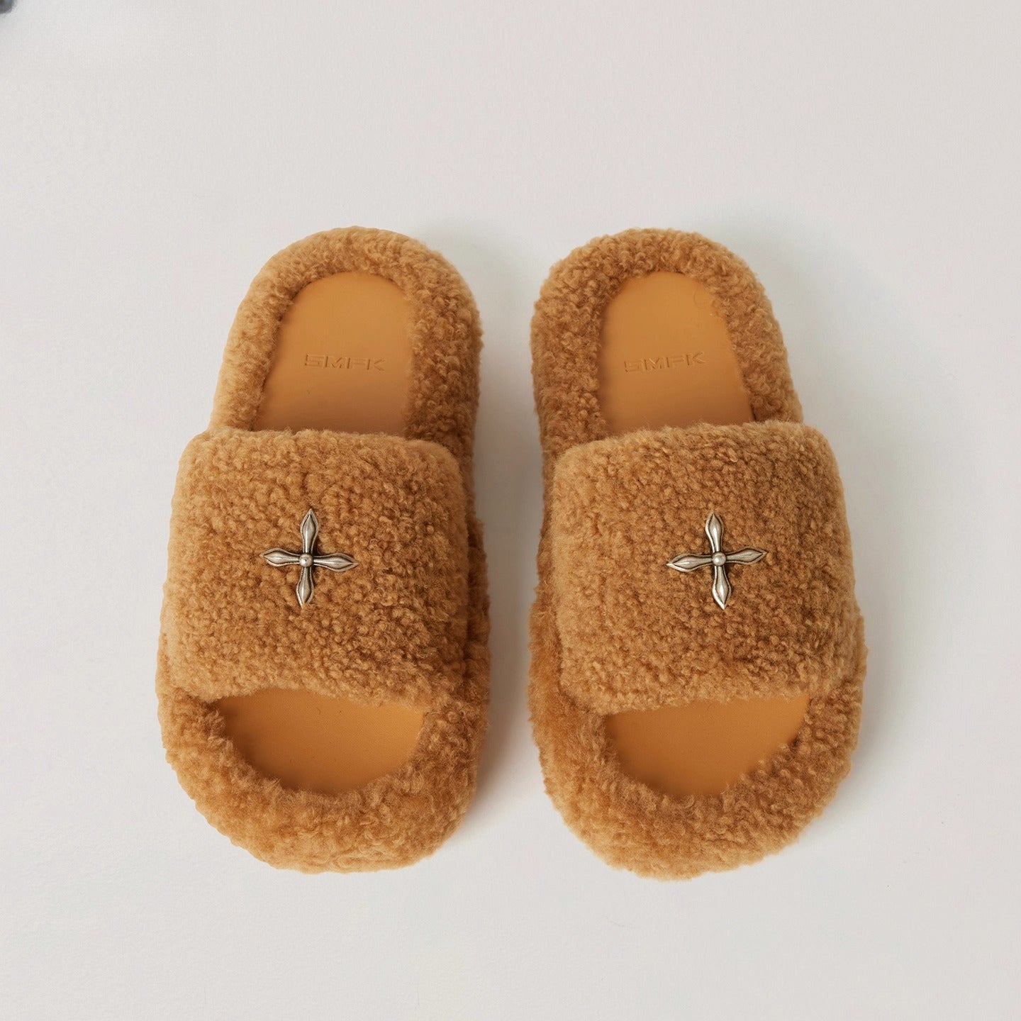 Compass Shearling Slide Sculpted Cross Emblem Sandals