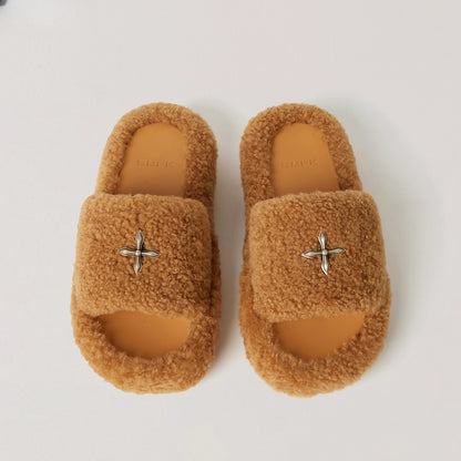 Compass Shearling Slide Sculpted Cross Emblem Sandals