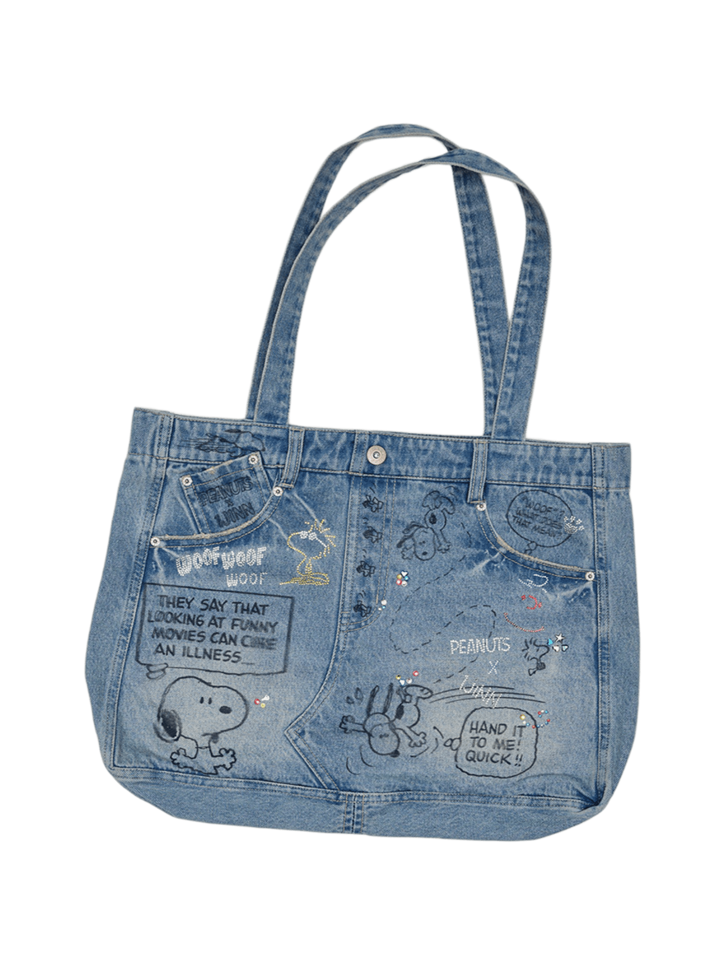 Snoopy Graffiti Crystal-Embellished Denim Tote Bag