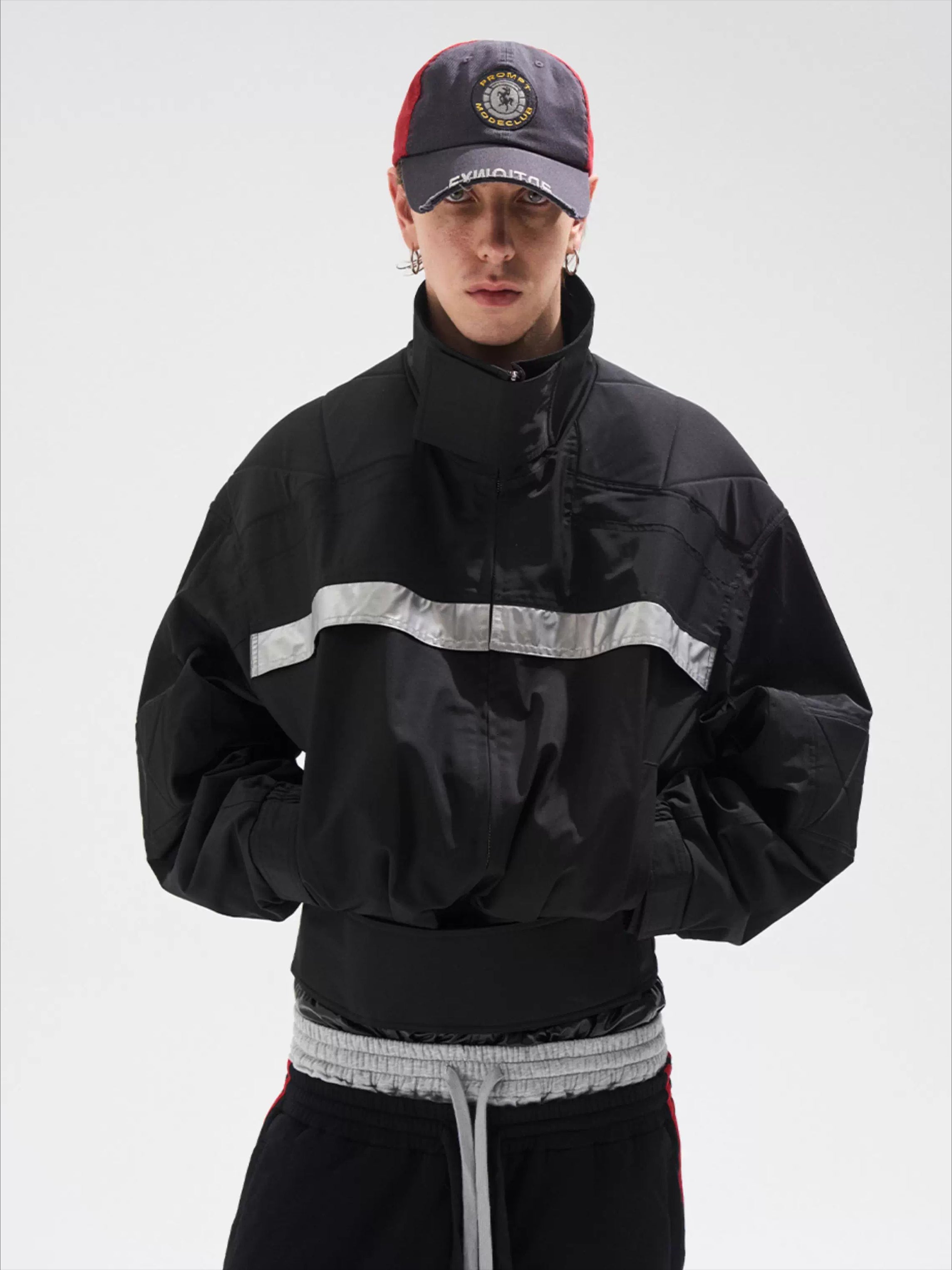 Reflective Trim Stand-Collar Oversized Jacket