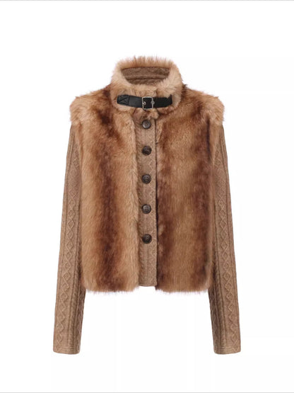 Detachable Sleeve Knit Eco-Fur Jacket