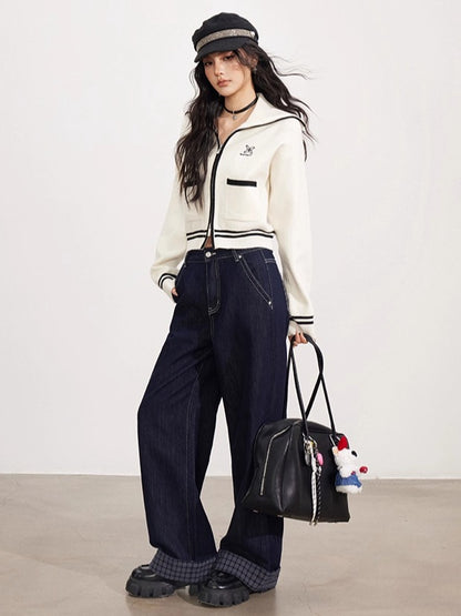 Contrast Trim Zip-Up Sailor Collar Knit Cardigan