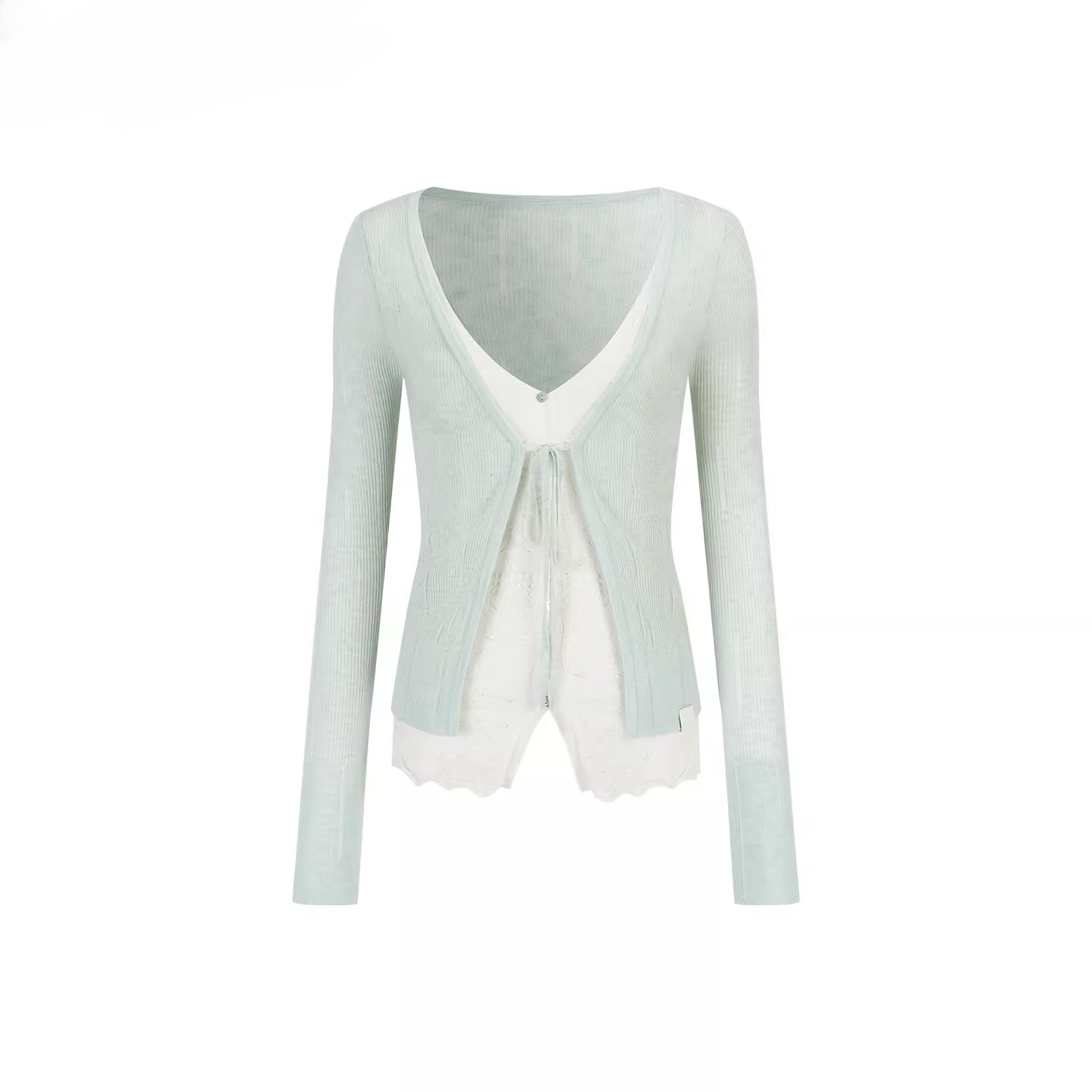 Sheer Layered Lace-Trim Knit Cardigan