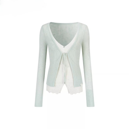 Sheer Layered Lace-Trim Knit Cardigan
