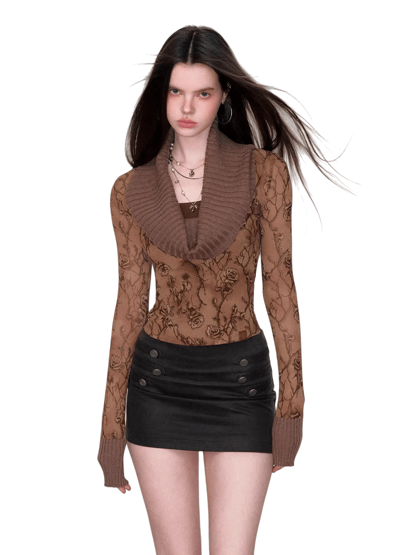 Draped Cowl-Neck Patchwork Knit Sweater